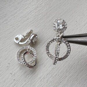 Silvertone Rhinestone Circle Drop Clip-On Earrings marked HMN